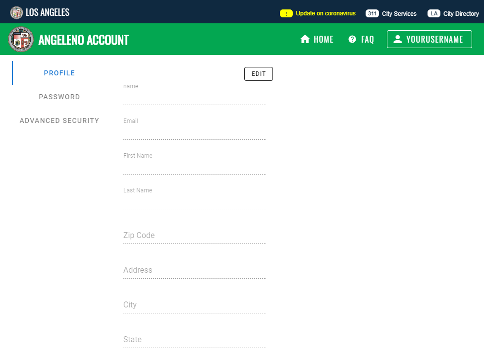 Angeleno Account profile settings page
