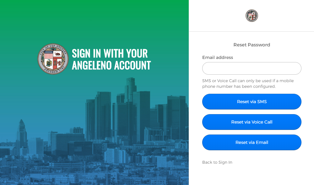 Angeleno Account Reset Password page with email address field