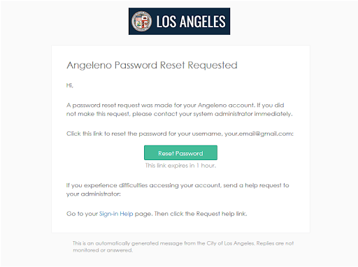 Angeleno Account Password Reset request email