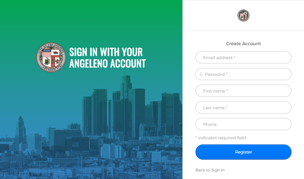 Screenshot of the Angeleno Account registration page