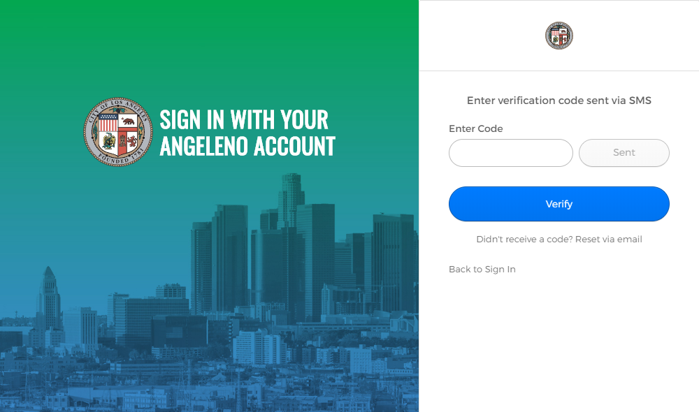Angeleno Account Reset Password page SMS verification code field