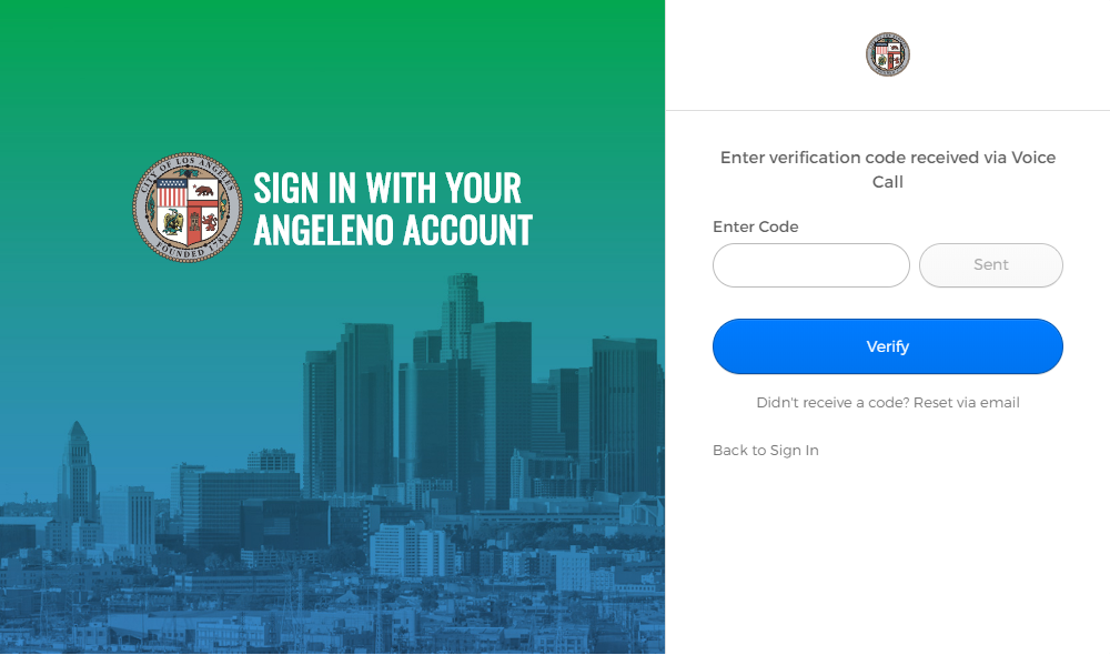 Angeleno Account Reset Password page voice call verification code field